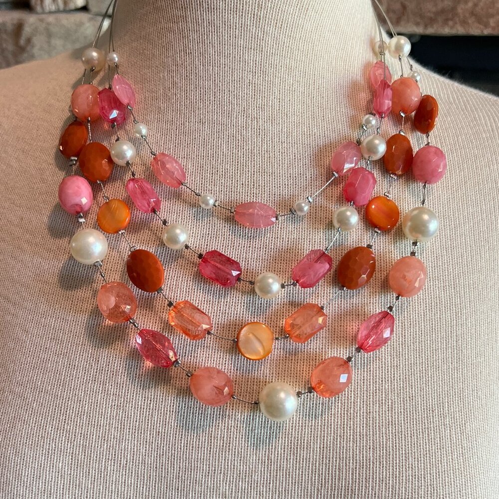 New York & Company Pink, peach, orange and pearl bead four strand necklace
